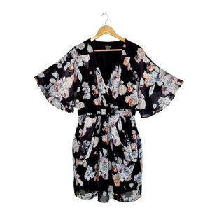 CITY CHIC Black Floral Womens V-Neck Flutter Sleeve Midi Dress - Size L